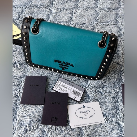 Prada Glace Turchese Nero with Studs Blue Leather Shoulder Bag. - Picture 8 of 8